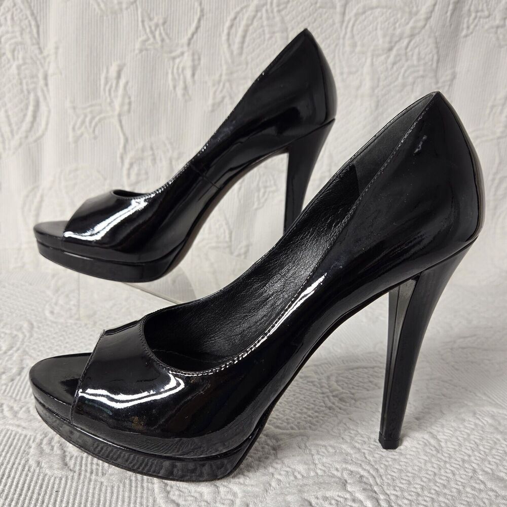 Vera Wang Lavender Selima Black Leather Peep Toe 4" Stilettos Platform Heels 7